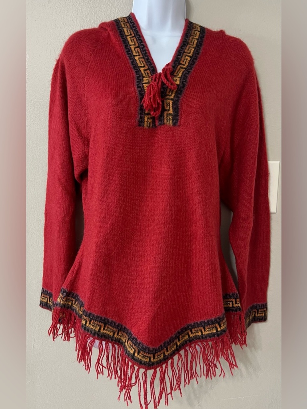 Vintage Baby Alpaca Sweater Hooded Fringe Red Pullover Made In Peru Womens M